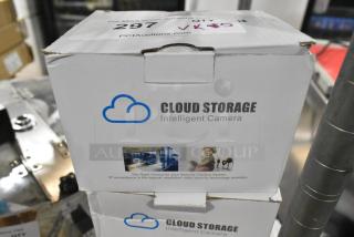 Box of Cloud Storage Intelligent Cameras, scratch and dent condition, includes surveillance system image and branding.
