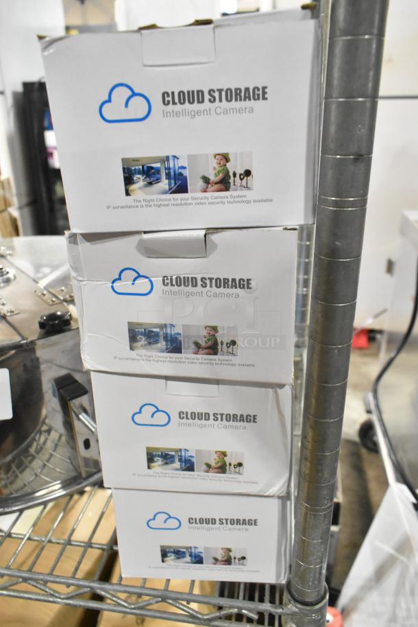 5 brand new, scratch and dent Cloud Storage Intelligent Cameras in boxes, featuring IP surveillance technology.