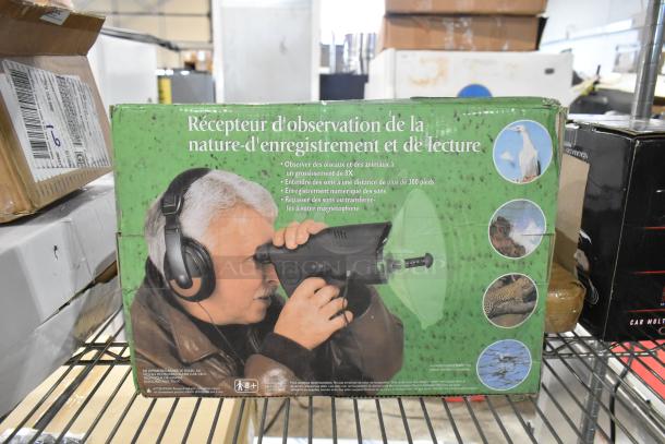 Box of a nature observation receiver with listening and recording features, showing images of wildlife. Product description in French.