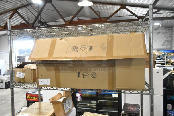 Brand new item with scratches and dents, model 2304016998, G2373-DYF-JS-WJ. Large box on metal shelf.