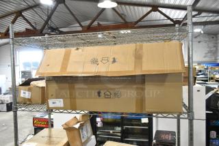 Brand new item with scratches and dents, model 2304016998, G2373-DYF-JS-WJ. Large box on metal shelf.