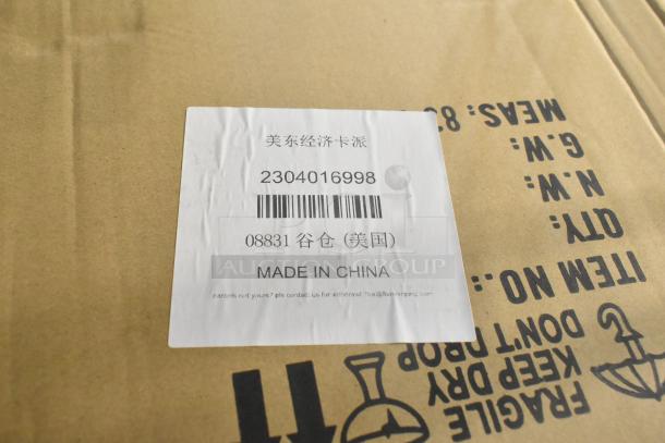 Cardboard box with label showing item number 2304016998, "Made in China." Box marked with "FRAGILE" and handling icons.