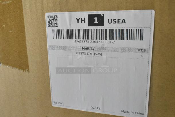 Cardboard box with label showing item number 2304016998, model G2373-DYF-JS-WJ, made in China. Box has a QR code and barcode.