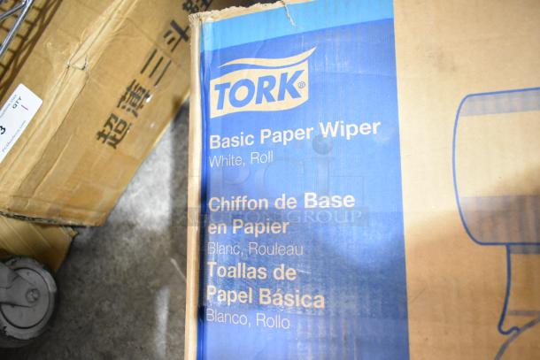 Box of 2 Tork Basic Paper Wiper Rolls, brand new scratch and dent condition, visible labeling with product details.