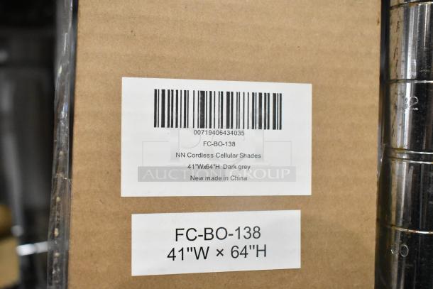 Cardboard box with label for NN Cordless Cellular Shades, 41"W x 64"H, dark grey, new, made in China, model FC-BO-138.