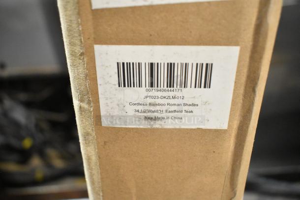 Box with JPT023-DKZLM-012 Cordless Bamboo Roman Shades label, 34.5"x48" Eastfield Teak, new, made in China.