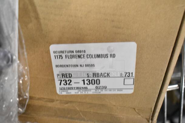 Close-up of a shipping label on a cardboard box. The label includes text detailing an address: 1175 Florence Columbus Rd, Bordentown, NJ 08505, and codes such as "P: RED, S: RBACK, I: 731". The image is part of an auction for a bundle of six new scratch and dent items, which includes a faucet and bamboo shades.