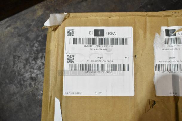 Cardboard box with shipping label for auction items: juice dispenser and white cart. Label shows barcodes and SKU G11851.