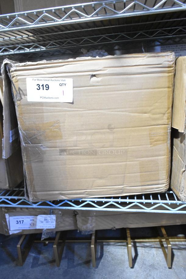 Cardboard box labeled "319" containing brand new, scratch and dent plates on a metal shelf, visible dents on the box.