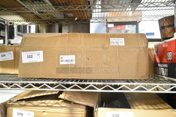 Brown cardboard box labeled "322" on a metal shelf, marked for auction. Box shows signs of wear. Item: new floor cleaner.