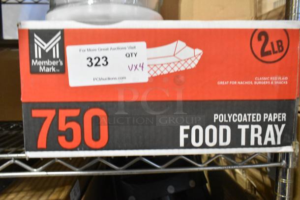 Box of 750 Member's Mark polycoated paper food trays, 2 lb capacity, classic red plaid design, new condition.