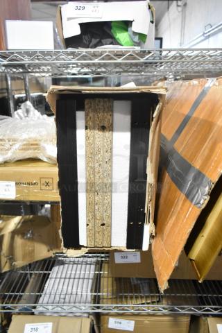 Room Essentials 5 Shelf Bookcase, new with scratch and dent packaging. Visible labels indicate quantity and handling instructions.