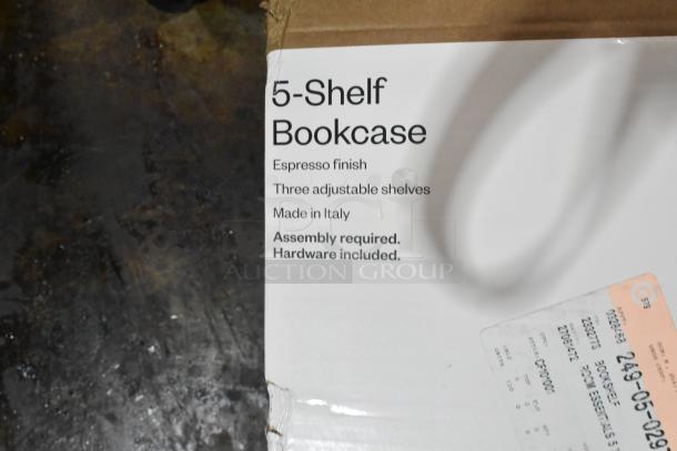 Room Essentials 5-shelf bookcase box; espresso finish, three adjustable shelves, made in Italy, assembly required, hardware included.