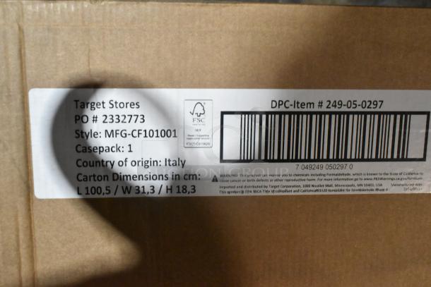 Label on cardboard box for Room Essentials 5 Shelf Bookcase, Style MFG-CF101001, made in Italy. Carton dimensions shown.