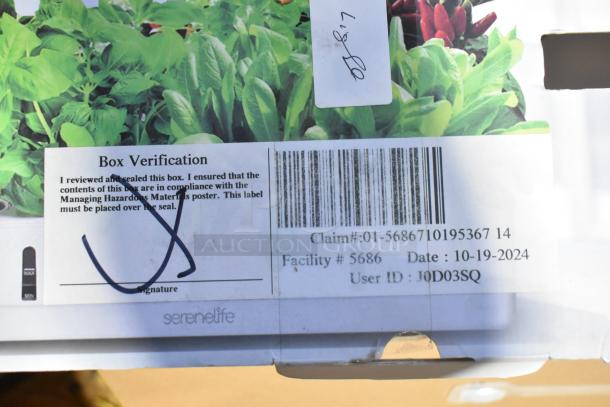 SereneLife SLGLF120 Smart Indoor Garden, new with scratch and dent. Box verification label and barcode visible.