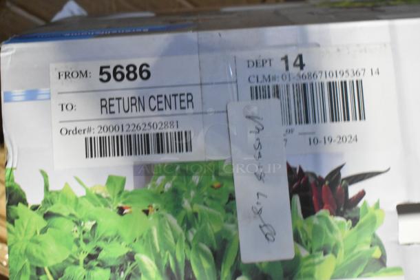 Box with visible labels, including "Return Center," order number, and plant images; likely for a SereneLife SLGLF120 item.
