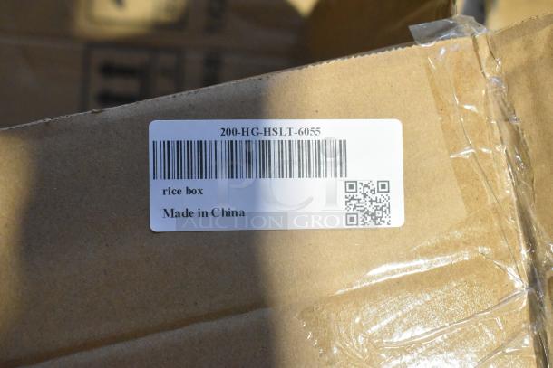 Label on cardboard box with barcode, text "rice box," "Made in China," and product code "200-HG-HSLT-6055."