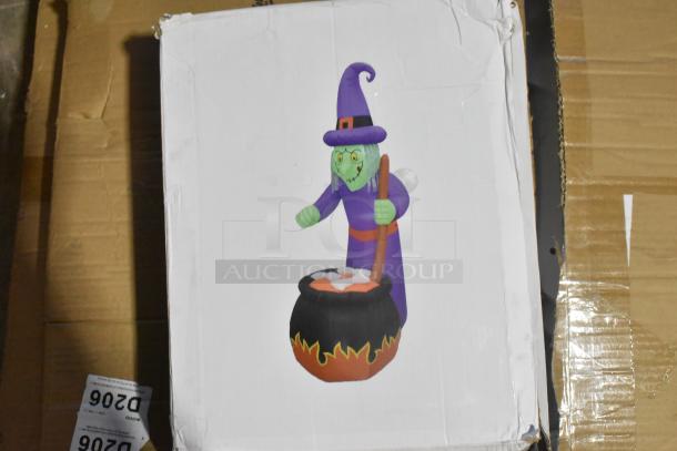 Box with image of inflatable witch decoration and visible "D206" label, indicating brand new scratch and dent condition.