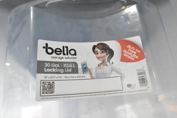 Bella storage solution bin with 30-gallon capacity and locking lid. Label shows dimensions and QR code.