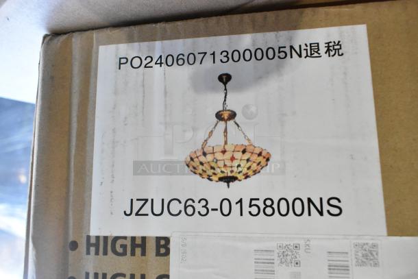 Boxed Tiffany style light fixture, new condition, model JZUC63-015800NS, slight scratches and dents, unopened packaging.
