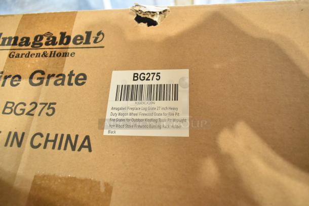 New Amagabeli BG275 27" Fireplace Log Grate, heavy-duty wagon wheel design, package shows scratch and dent wear.