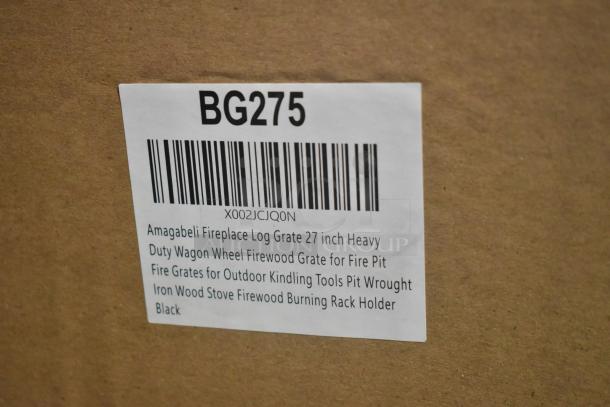 Alt text: Brand new Amagabeli BG275 27" fireplace log grate, heavy-duty wagon wheel design, scratch and dent condition, black.