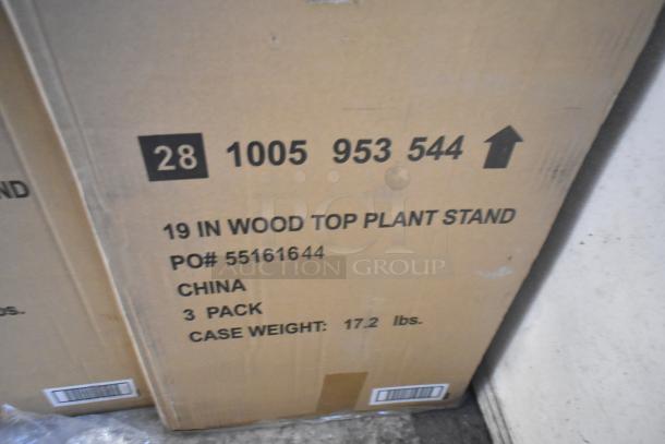 Brown cardboard box labeled "19 in Wood Top Plant Stand," 3 pack from China, case weight 17.2 lbs.