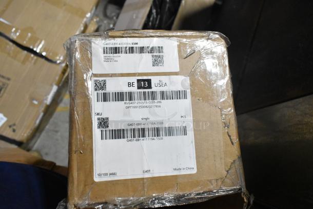 Brand new scratch and dent EBY-411119A-1508 weatherstrip in original damaged box, made in China, visible SKU labels.