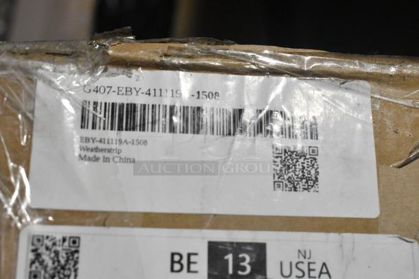 Brand new EBY-411119A-1508 weatherstrip in original packaging. Scratch and dent condition. Label shows barcode and "Made in China."