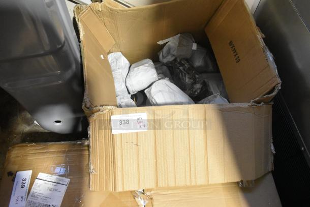 Cardboard box containing 18 brand new scratch and dent bathroom items, model BH2003PBA, wrapped and ready for auction.