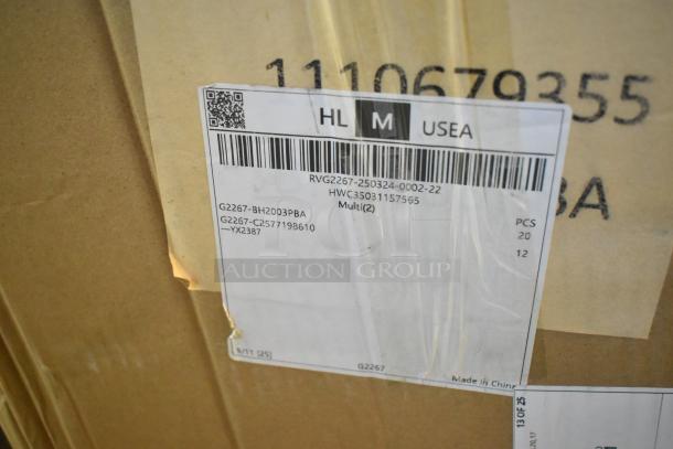 Cardboard box showing label with item code G2267-BH2003PBA, indicating BH2003PBA black striped bathroom pieces. Package states 18 items, new, scratch and dent condition.