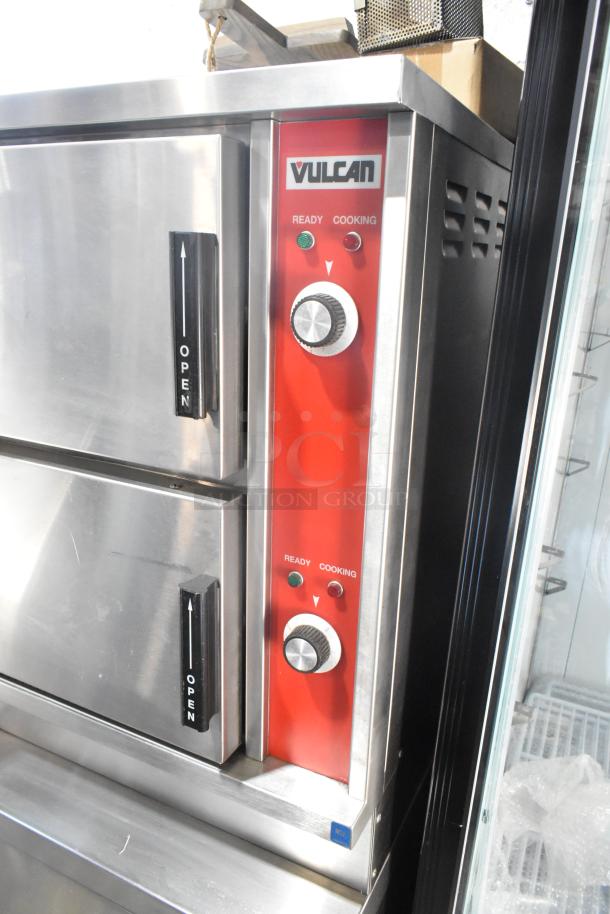 Stainless steel Vulcan VSX24G commercial steam cabinet, natural gas, 2-deck, 200,000 BTU, with control panel.