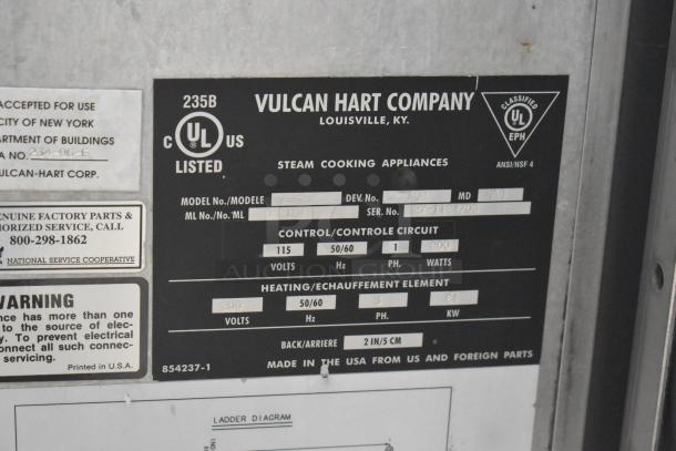 Vulcan VSX24G stainless steel steam cabinet label showing model, voltage, and certification details for commercial use.