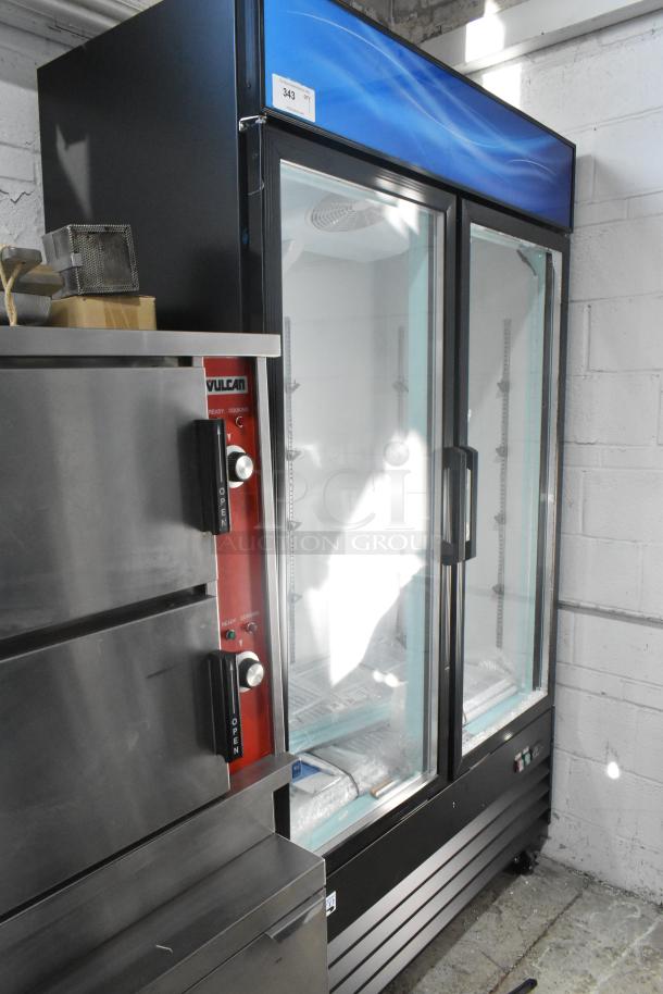 Avantco 178GDC40HCB Commercial Cooler, 2-door, poly-coated racks, casters, broken glass visible, 115V, 1 phase.