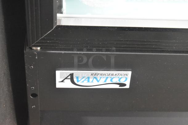 Brand new Avantco 178GDC40HCB commercial cooler, 2 doors, metal, poly-coated racks, casters, broken glass shown.