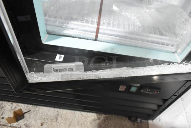 BRAND NEW Avantco 178GDC40HCB commercial cooler; 2-door, metal, poly-coated racks, broken glass, on casters, 115V, 1 phase.