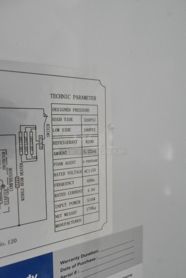 Alt text: Label showing technical parameters of Avantco 178GDC40HCB cooler, including refrigerant, voltage, and pressure details.