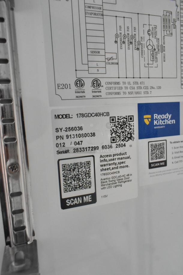 Label of Avantco 178GDC40HCB commercial cooler, 115V, featuring certification marks and QR codes for product info and warranty.