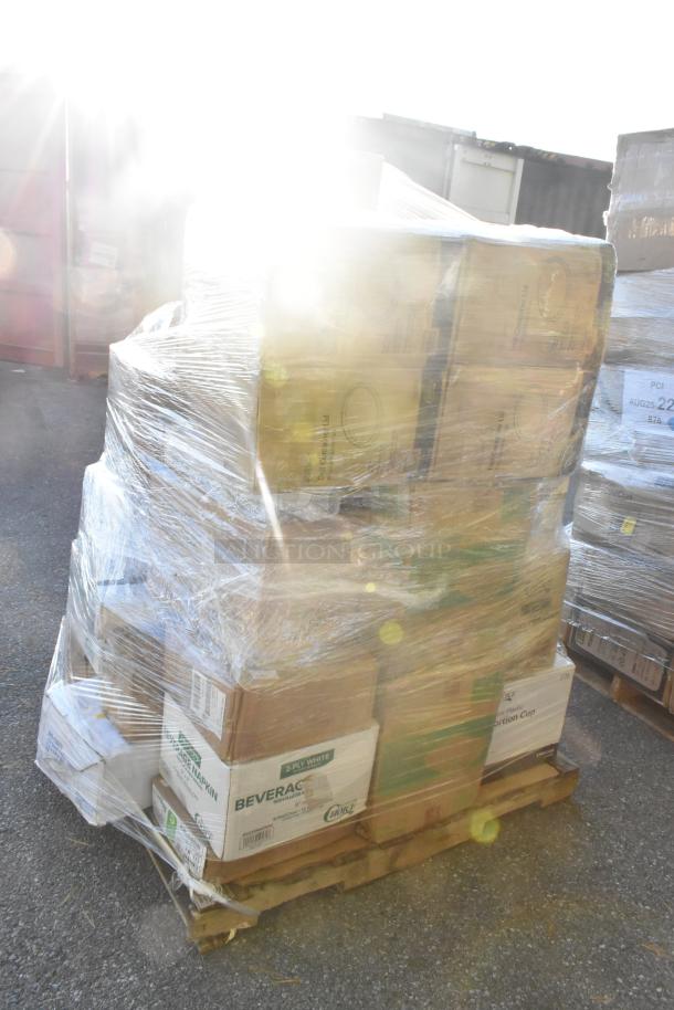 Pallet with 35 new scratch and dent items, including steam table pans, hot cups, flat pouches, and napkins, shrink-wrapped.