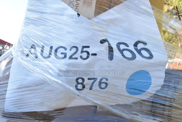 Pallet wrapped in plastic with label indicating 35 scratch and dent items. Label shows "AUG25-166" and number "876".