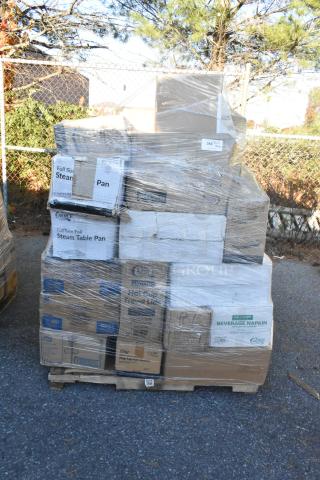 Pallet of 35 brand new items, including steam table pans, hot paper cups, and napkins, some scratch and dent, wrapped in plastic.