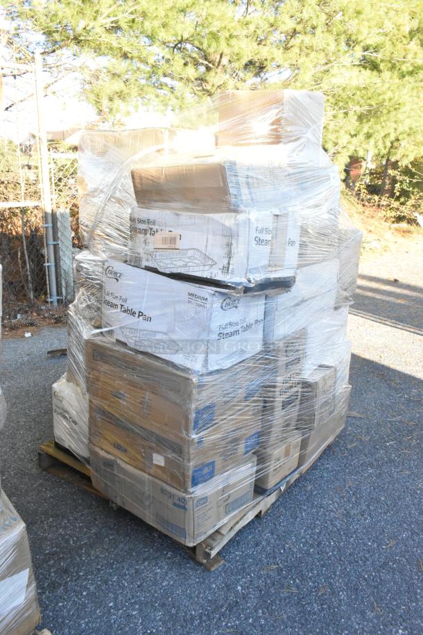 Pallet of 35 brand new scratch and dent items including steam table pans and cups. Wrapped in plastic, ready for auction.