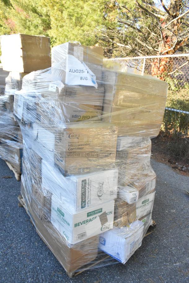 35 boxes of brand new scratch and dent items on a pallet, including steam table pans, hot cups, pouches, and napkins.
