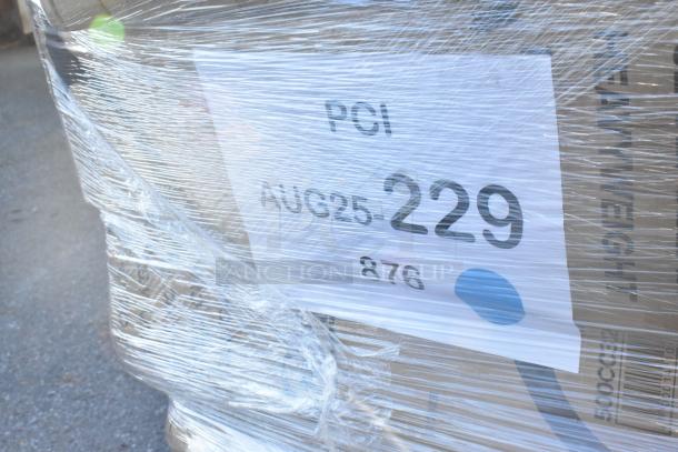 Pallet wrapped in plastic with visible label reading "POI AUG25-229 876." Contains scratch and dent cold cups, paper towels, lids.