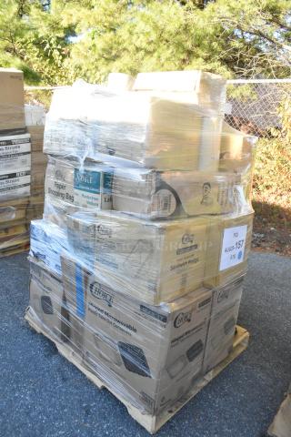 Shrink-wrapped pallet with various new scratch and dent items, including containers, plates, lids, and cold cups.