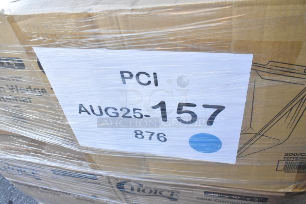 Pallet of 34 scratch and dent items, including containers, plates, lids, and cups. Labeled "PCI AUG25-157," covered in plastic wrap.