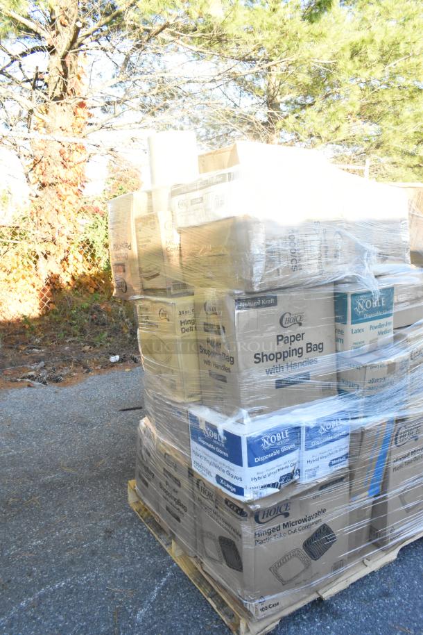 Pallet of 34 scratch and dent items, including boxes of containers, plates, lids, and cold cups, wrapped in plastic.
