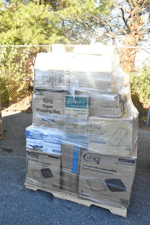 Pallet of 34 new scratch and dent items including containers, plates, lids, and cold cups. Brands: Choice, Noble.