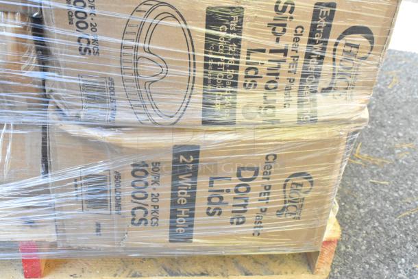 Pallet of Choice brand domed lids in original packaging, labeled as clear PET plastic, wrap-sealed for shipping.