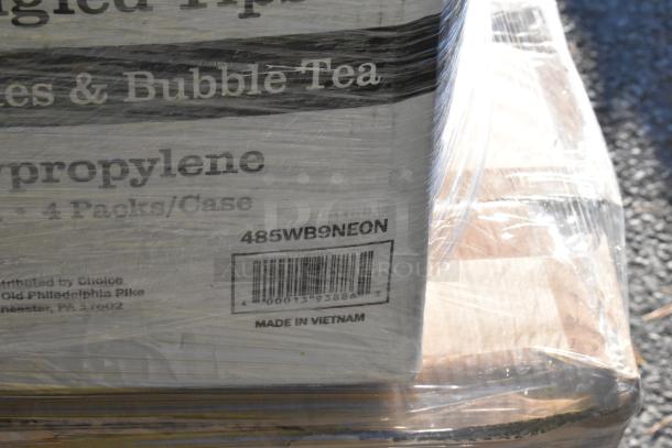 Plastic-wrapped pallet with labeled items including straws, squat cups. Marking: "485WB9NEON, Made in Vietnam."